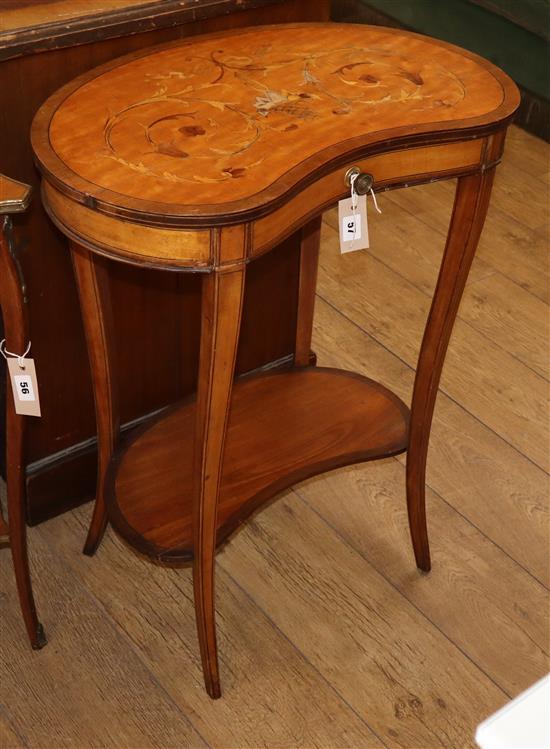 An Edwardian marquetry inlaid satinwood kidney shape two tier table, W.62cm D.38cm H.75cm